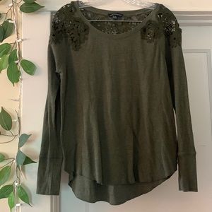 American Eagle Outfitters AEO olive green long sleeve waffle top with lace back